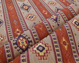 Orange Geometric Kilim Fabric: Turkish Cotton Upholstery
