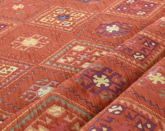 Red Orange Kilim Fabric, Ethnic Anatolian Upholstery Fabric, Turkish Rug