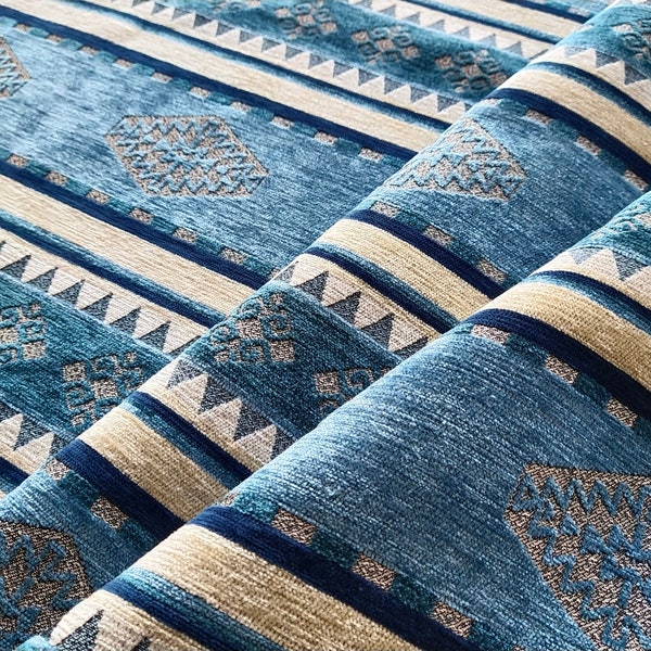 Kilim fabric upholstery  phthalo blue fabric kilim by the yard meter  Chair cover Sofa cover tribal kilim fabric by the yard Chenille kilim