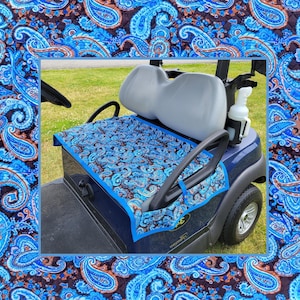 Reversible Print Golf Cart Seat Cover - Blue Paisley & Blue Floral