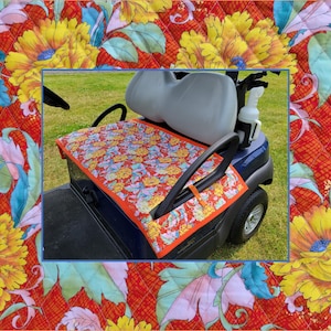 Reversible Print Golf Cart Seat Cover -- Orange Dahlia & Yellow Dahlias