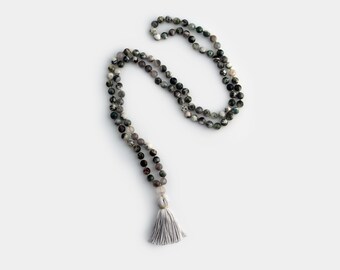 Hand knotted 108 Mala TasselNatural Gemstone beadsMeditation yoga necklaceGrey Agate Wood Jasper