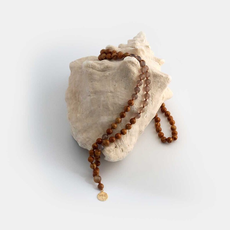 Hand knotted 108 Mala TasselNatural Gemstone beadsMeditation yoga necklaceGrey Agate Wood Jasper