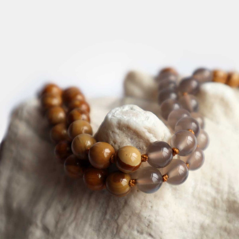 Hand knotted 108 Mala TasselNatural Gemstone beadsMeditation yoga necklaceGrey Agate Wood Jasper
