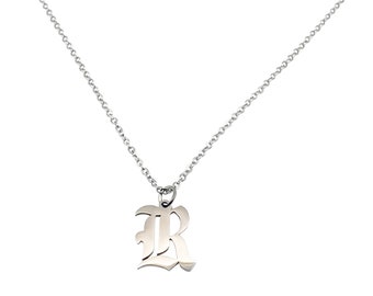 Letter R initial old English Gothic necklace in silver