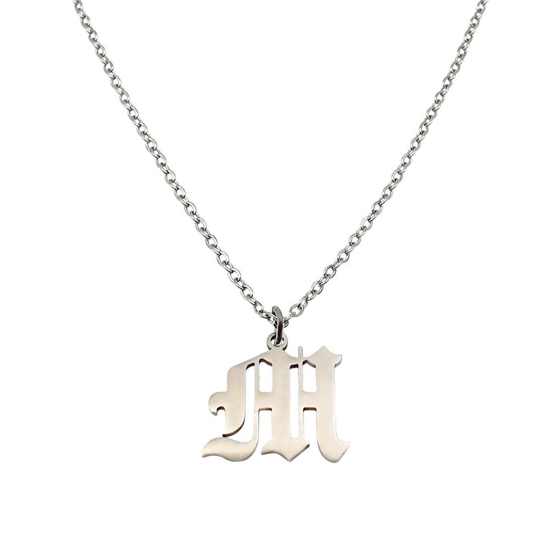 Letter M Initial Old English Gothic Necklace in Silver Etsy