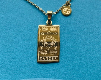 Cancer zodiac star sign Card necklace! Stainless steel in colour gold! IN STOCK