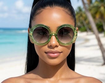 Y2k vintage oversized round green sunglasses. Women's big 60s mod design transparent frame with smoky black gradient lenses. Unused BNWT