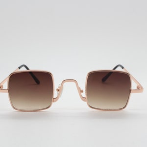 90s vintage small square sunglasses. Imposing minimal gold metal victorian style frame with brown lenses. Steampunk. Unused BNWT