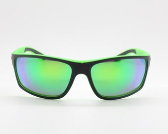 Y2K vintage visor sports shield sunglasses. Green and black matt wrap around with searing green mirror lenses. 90s mini mask. 2000's NOS