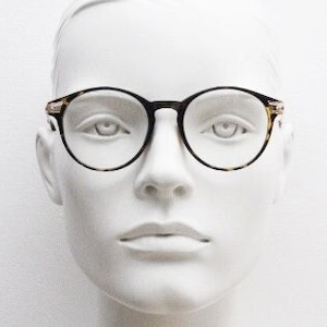 90s vintage round glasses with tortoise front and gold embossed arms. 40s, 50s style prescription optical frames. Clear lens eyeglasses. RX