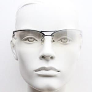 Y2K vintage wraparound sunglasses. Sick fashion grail half frame in silver chrome with extra light tone curving mirrored lenses. 2000&#39;s NOS
