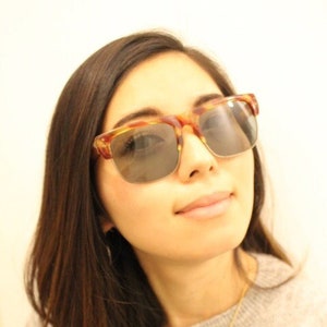 60s vintage low profile wide wayfarer style sunglasses. Mens mod transparent fat arm frame with hand finished print and real glass lenses