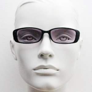 90s vintage rectangular sunglasses. Slim low profile black gloss frame with light tone  purple lenses. Y2K 2000s. BNWT Unused NOS