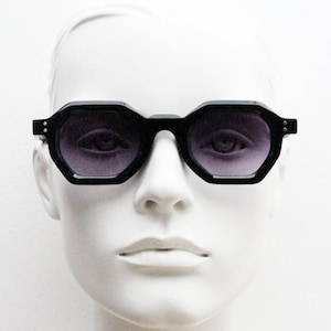 90s vintage hexagon sunglasses. 6 sided black 60s design gloss low profile frame with graduating lenses. BNWT. NOS Octagon