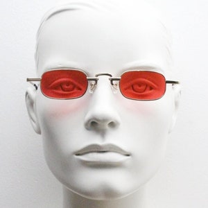 90s vintage small rectangular sunglasses. Imposing minimal gold metal victorian style frame with deep red lenses. Unused BNWT