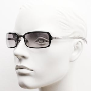 Y2K vintage rectangular sunglasses. Low profile mini shield frame in gunmetal chrome with light tone graduated mirror lens. 2000&#39;s. 90s. NOS