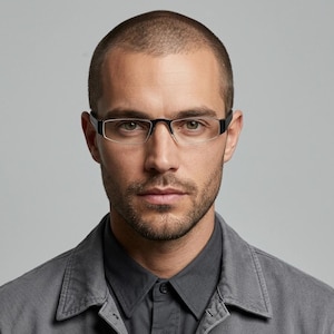 Rechteckige Brille im Porsche-Design. Minimalistischer, grauer Metallrahmen in Mattoptik mit schwarzen Bügeln. Vintage-Korrektionsbrille.