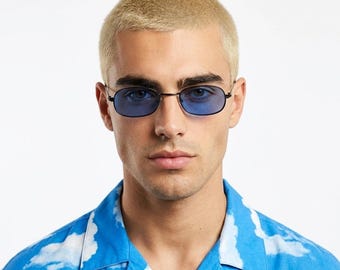 90s vintage minimal metal rectangular sunglasses. Small black frame with striking cobalt blue luxury real glass lenses. NOS
