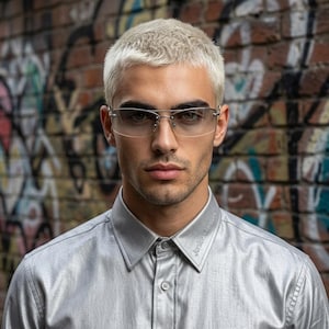 May include: A silver button-down shirt with a pointed collar featuring the text Junior Gaultier embroidered on the left side. The shirt has a metallic sheen and a central vertical row of buttons. The fabric has a subtle, fine-grained texture.