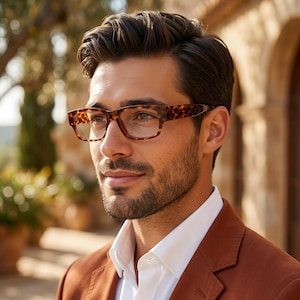 May include: Tortoiseshell-patterned spectacles with a rectangular frame shape and clear lenses. The frames feature a distinct brown and black mottled pattern, providing a classic look with thick temples and a defined bridge across the nose.
