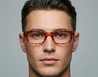 90s vintage rectangular low profile eye glasses. Transparent optical frame with vibrant amber giraffe pattern. Prescription eyeglasses. RX