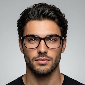 May include: Full-frame spectacles featuring a dark tortoiseshell pattern with reddish-brown tones. The frames have a rectangular shape with rounded edges and silver-toned metal accents at the hinges, worn on a face with dark hair and stubble.