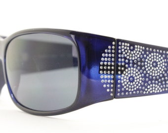 Assoluto 90s vintage wrap around rhinestone shield sunglasses made in Italy. Deep blue acetate frame with dazzling diamante circles. NOS