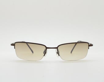 90s vintage small rectangular sunglasses. Minimal solid metal brown chrome half frame with light tone lenses. 2000's. Y2K. NOS. BNWT