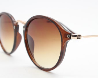 90s vintage round sunglasses. Transparent slim brown 30s 40s style frame with metal bridge and gradient lenses. Unused NOS