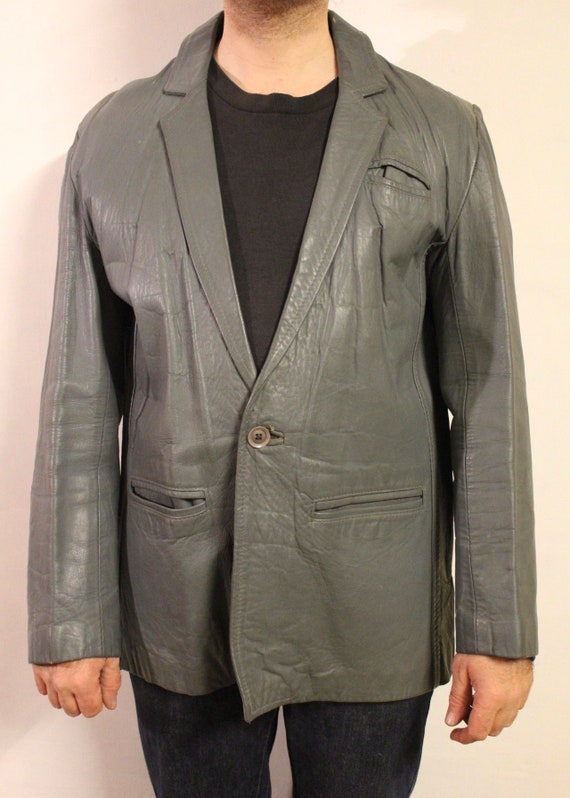 80s Vintage Grey Genuine Leather Jacket. One Button Mens Blazer Design With Slim Lapels Etsy Ireland