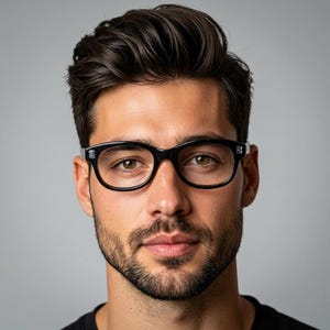 Può includere: Un paio di occhiali con montatura nera dalla forma rettangolare arrotondata e spessa, dotati di lenti trasparenti. La montatura presenta una finitura liscia e lucida con piccoli accenti color argento sulle cerniere per un look classico.
