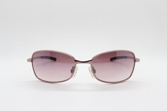 Y2K vintage curved sunglasses. Pink chrome metal … - image 2
