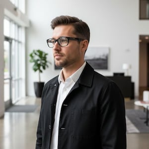 May include: A black button-down jacket with a collar and a chest pocket worn over a crisp white collared shirt. The attire is paired with black-rimmed eyeglasses featuring rectangular lenses, worn by an individual with short brown hair and facial hair.
