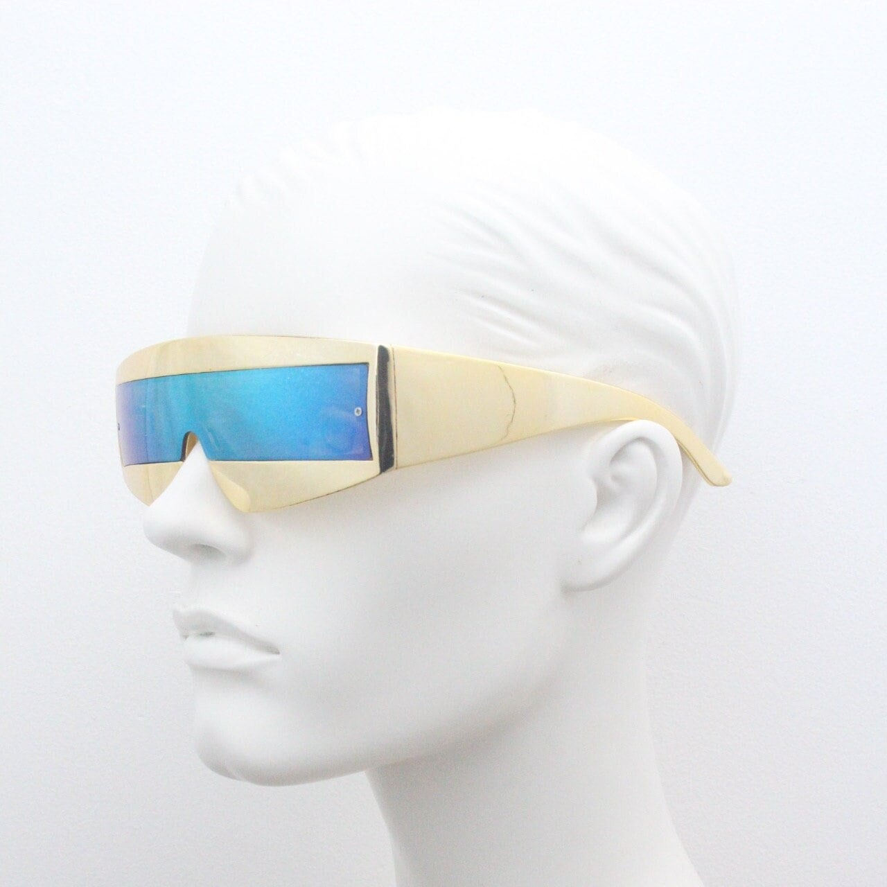 Y2K Vintage Square Visor Sunglasses. Gold 80s Style Robot