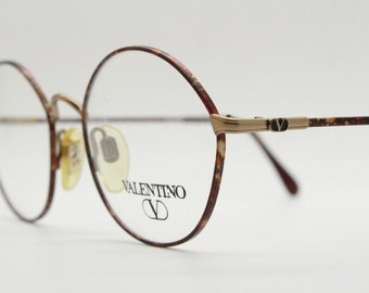 Lunettes de vue rondes vintage panto Valentino des années 90 fabriquées en Italie. Monture optique en bronze brossé avec écaille métallisée mate. RX sur ordonnance