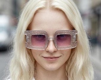 Vintage oversized square sunglasses. Women's radical fashion poseur shades with abstract patterned transparent frame with pink lenses. BNWT