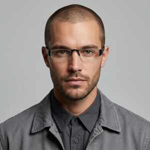 Puede incluir: Gafas semi-al aire con una montura superior negra fina y lentes transparentes. El diseño incluye un puente recto y patillas delgadas, proporcionando un aspecto estructurado. Estas gafas se llevan sobre un rostro con pelo corto y barba.