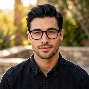 Puede incluir: Un par de gafas con montura negra de forma rectangular redondeada clásica, con un puente fino y bordes oscuros. Las gafas las lleva una persona con el pelo oscuro y barba corta, mostrando un diseño limpio y funcional.