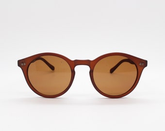 90s vintage small round sunglasses. 30s, 20s style brown frame in a rubber finish with matching warm brown lenses. BNWT