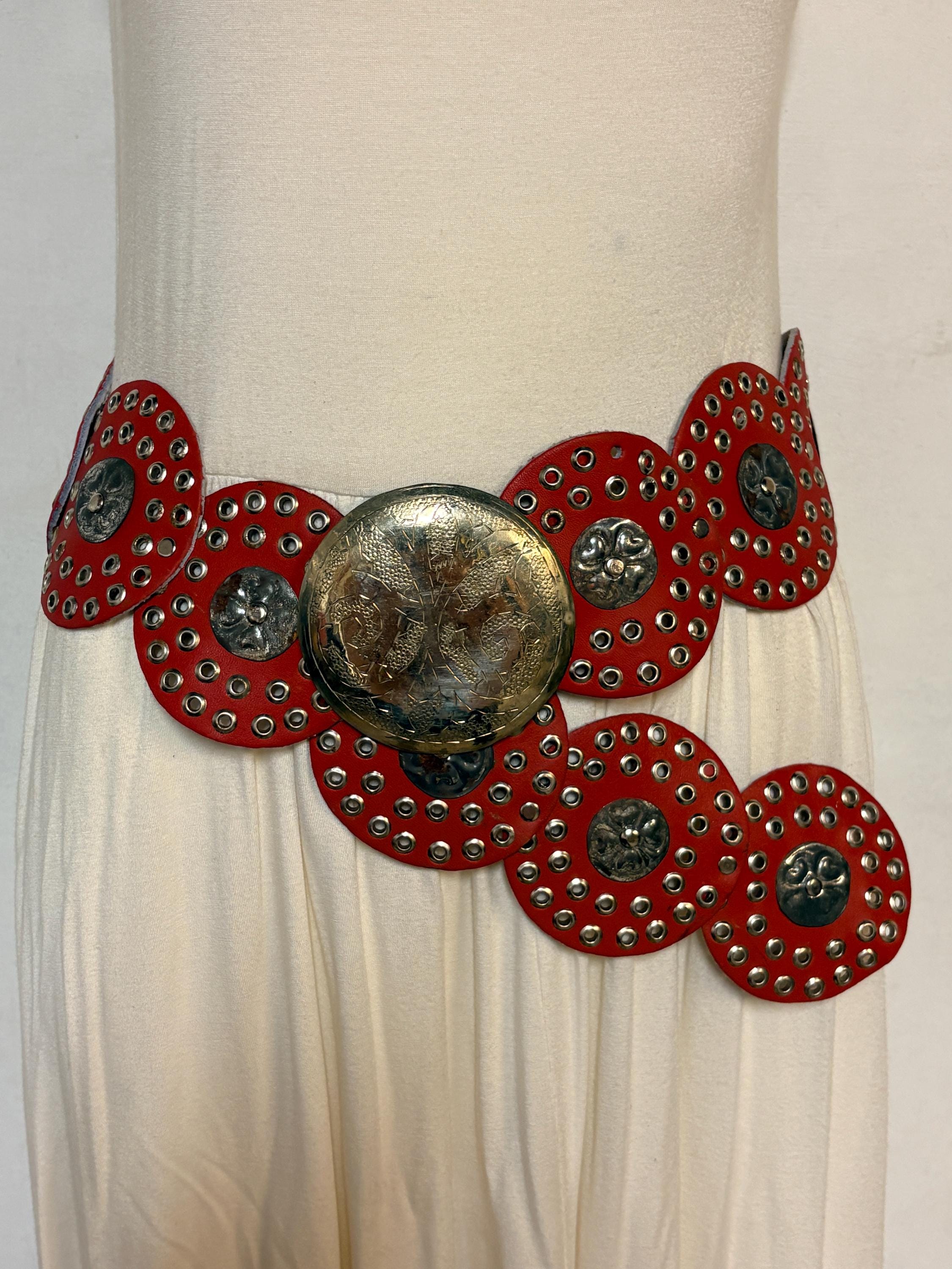Vintage belt silver toned discs red beads black cords EUC Red Disc Belt - Etsy main image 3