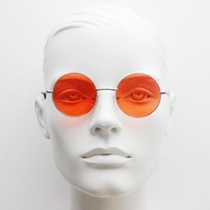 90s round vintage sunglasses. Silver chrome metal frame with intense red lenses. 1920&#39;s style. John Lennon. Steampunk teashades. BNWT