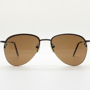 90s vintage small sized aviator sunglasses. Brown chrome metal half frame brow line teardrop aviators. Pilot. Unused NOS.