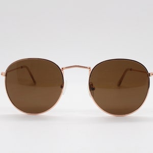 90s vintage round metal sunglasses, 60s style rose gold frame with brown lenses. NOS panto