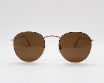 90s vintage round metal sunglasses, 60s style rose gold frame with brown lenses. NOS panto