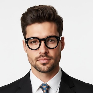May include: A pair of thick-rimmed black spectacles with round lenses worn by a person with dark brown hair and a short beard. The person is dressed in a white collared shirt, a patterned blue tie, and a black blazer against a plain white background.