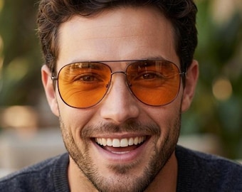 Y2K vintage square aviator sunglasses. Brown chrome metal frame 70s design aviators with light tone orange lenses. 2000s. Unused NOS