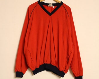 Vintage 80s oversized v neck pullover. Made in England. Bright red baggy football style unisex top. Club kids jumper. Rave