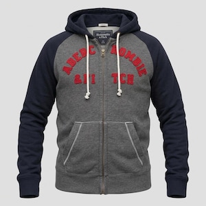 Abercrombie and Fitch grey and blue zipper sweat hoody with large red spell out patch letter chest logo. Mens all cotton medium size