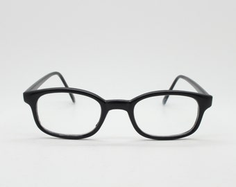 80s vintage low profile wayfarer style glasses. Black acetate optical frames with clear lenses. Prescription eyeglasses. RX Spectacles. NOS